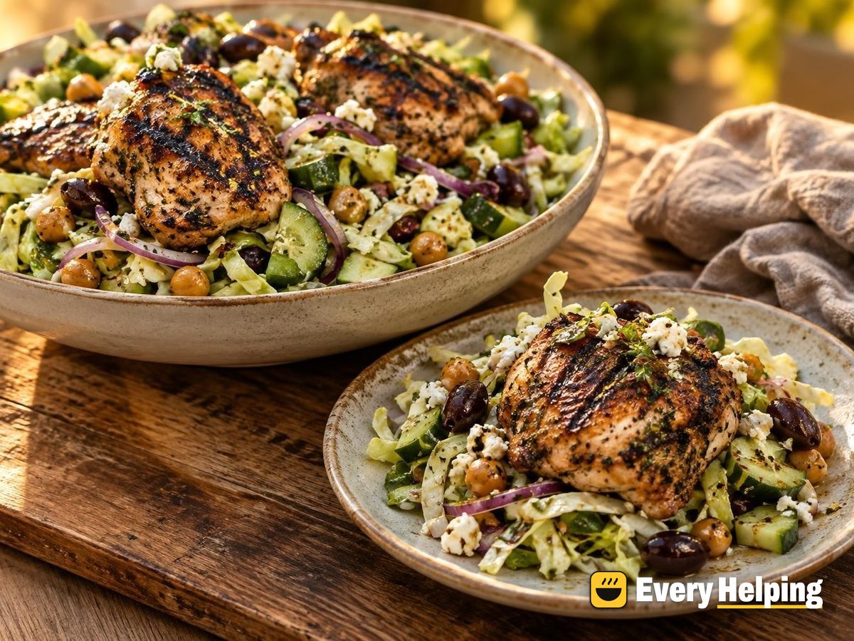 Grilled Lemon-Oregano Chicken Cabbage Salad with Chickpeas
