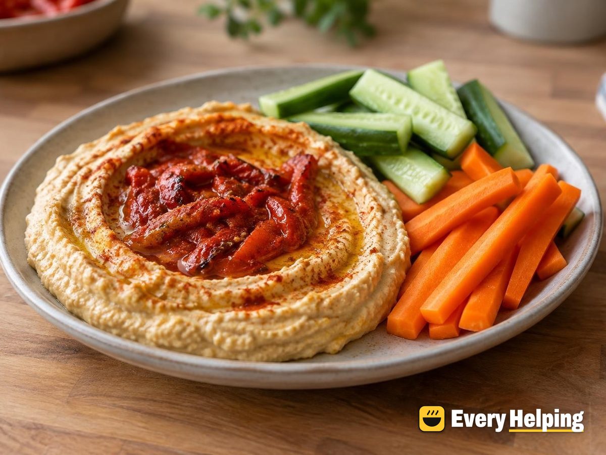 Roasted Red Pepper Hummus with Cucumber and Carrots