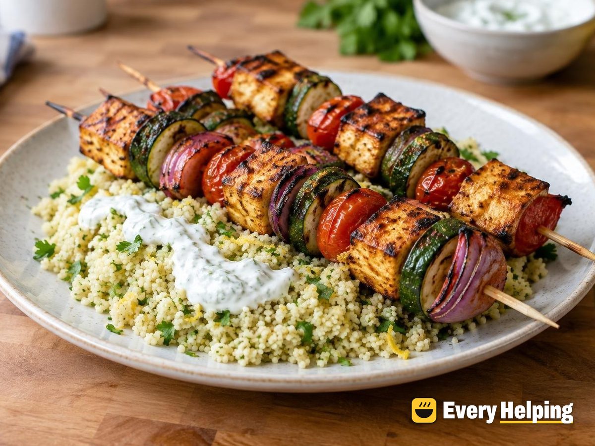 Smoky Halloumi-Style Tofu Skewers with Herbed Couscous