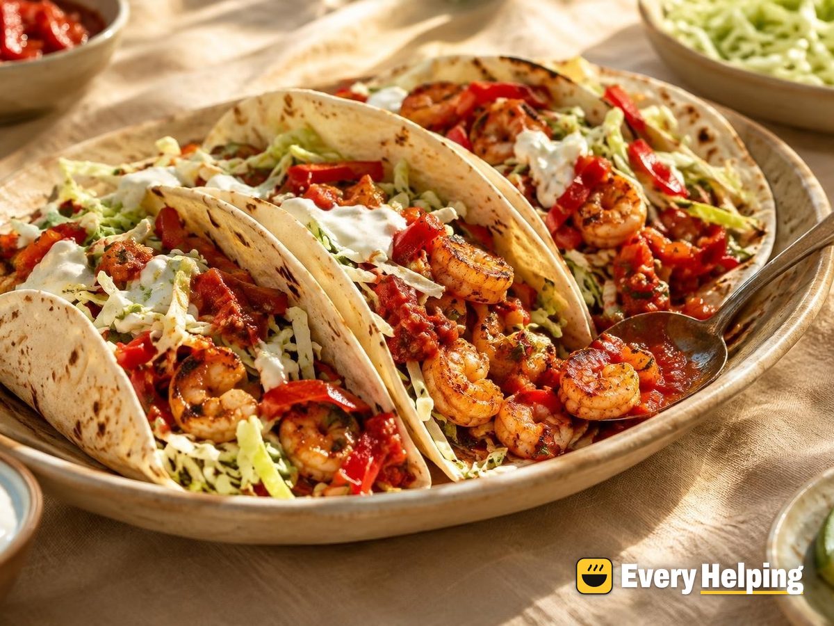 Smoky Shrimp Soft Tacos with Charred Pepper Salsa
