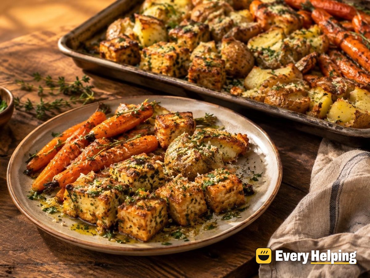 Crispy Parmesan Herb Tofu with Smashed Potatoes