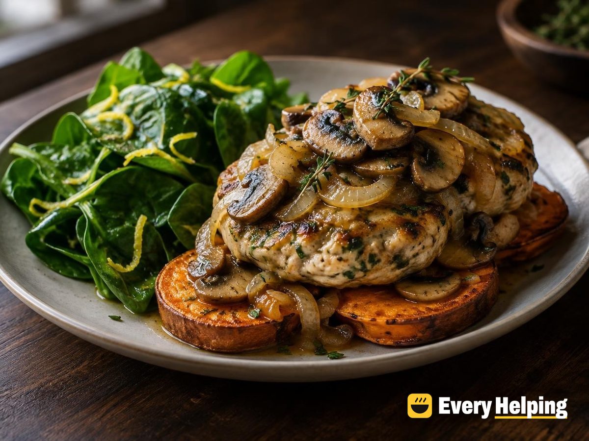 Herbed Chicken Burgers with Thyme Mushroom-Onion Smother