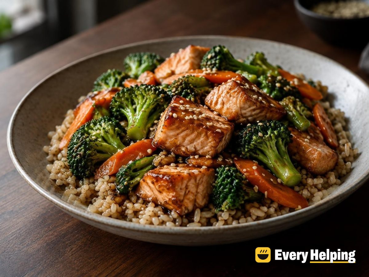 Sesame Soy Salmon Stir-Fry with Brown Rice