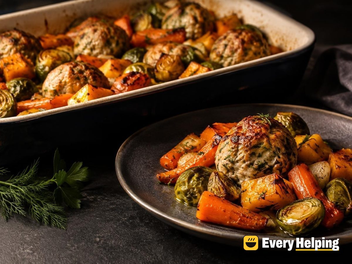 Turkey Dill-Parsley Meatballs with Roasted Roots
