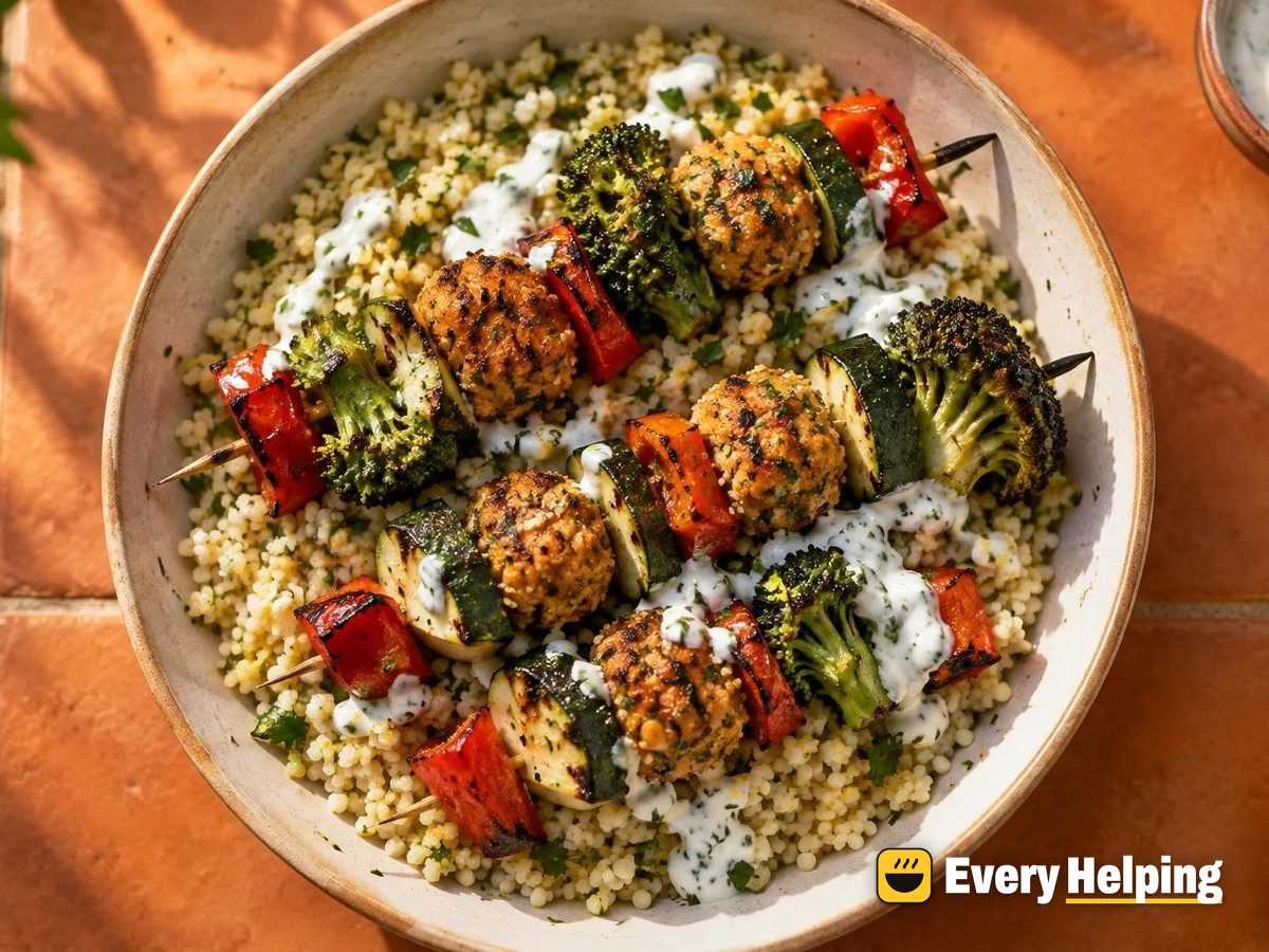 Garlic Herb Halloumi-Style Veggie Skewers with Lemony Couscous