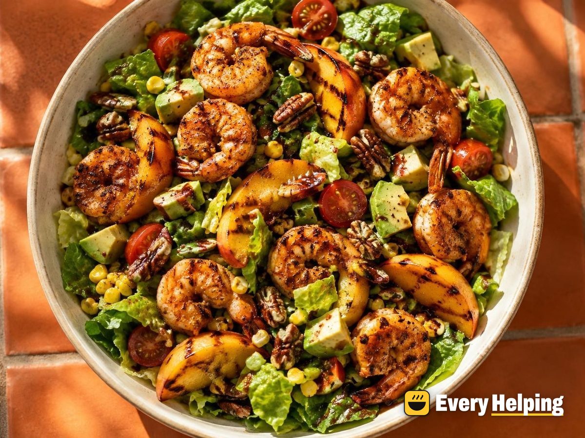 Grilled Shrimp Romaine Salad with Peaches