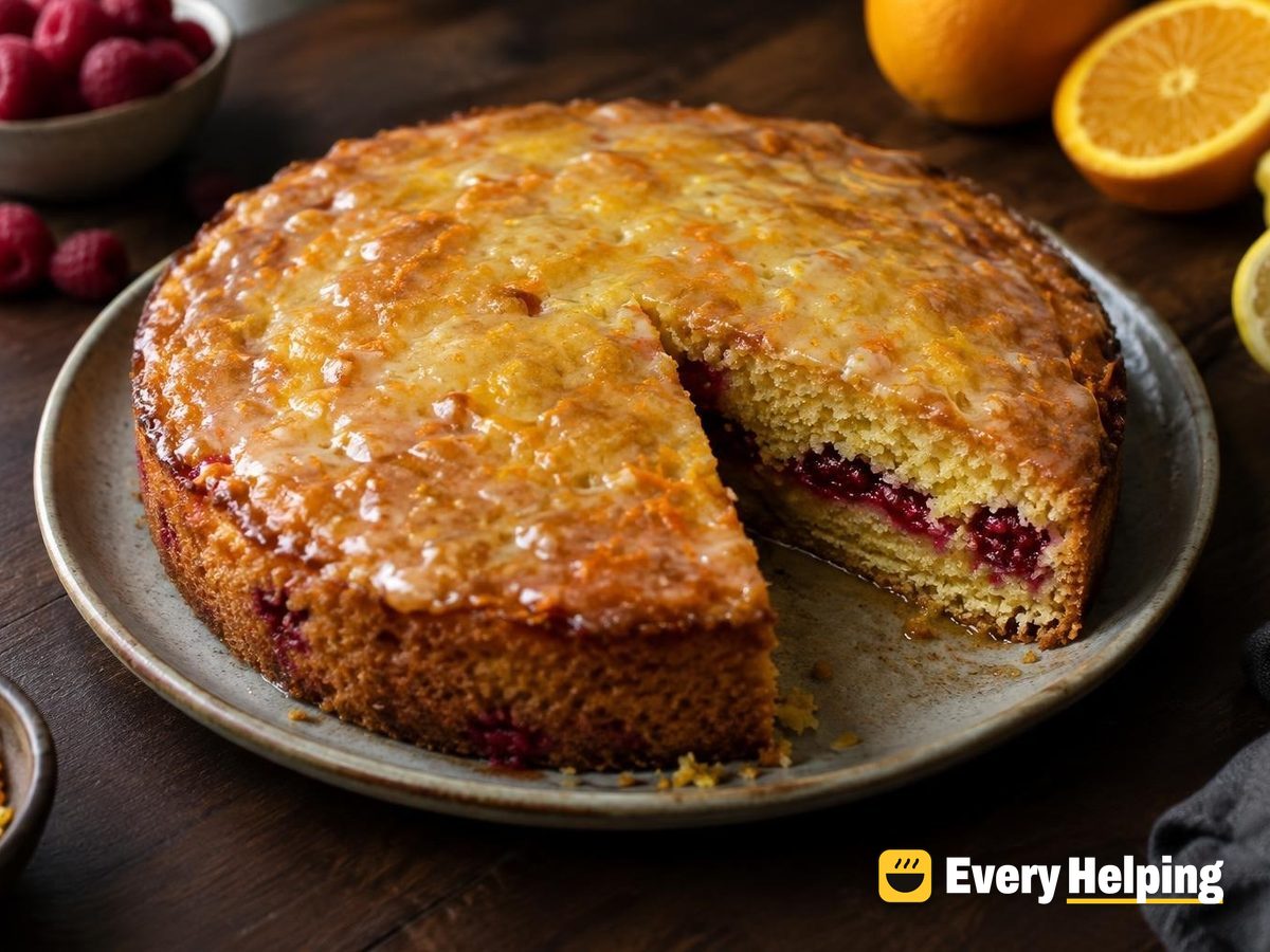 Orange Cornmeal Olive Oil Sheet Cake, Raspberry Layer