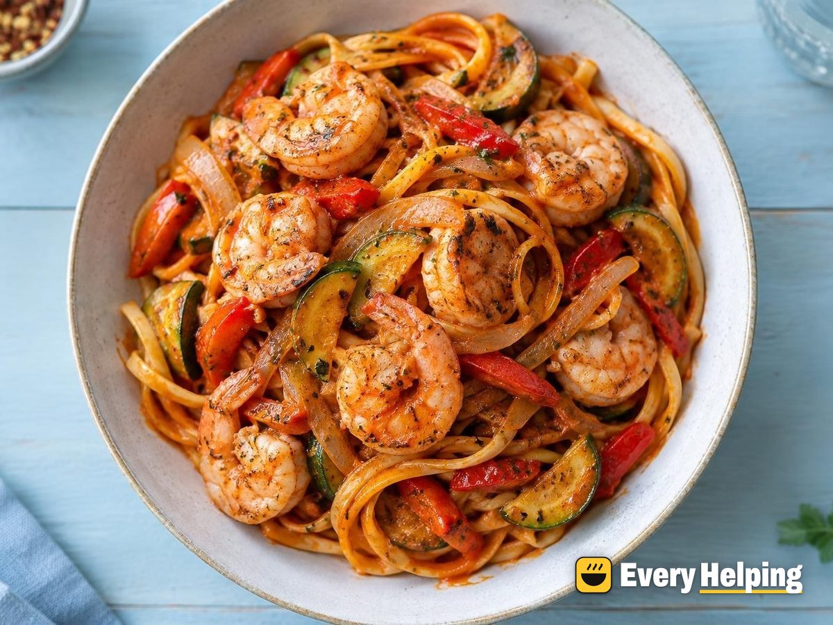 Roasted Red Pepper Linguine with Garlic Shrimp