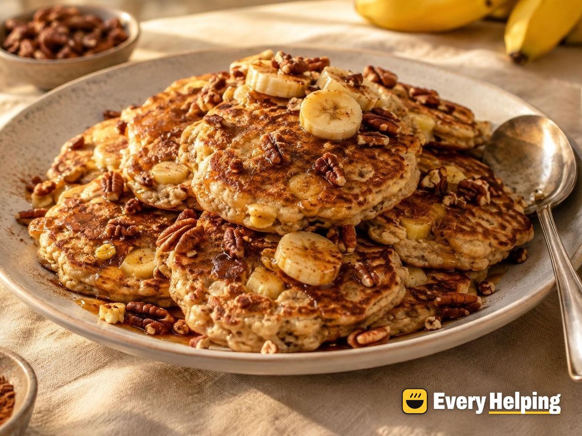 Cinnamon Oat Pancakes with Banana and Pecans