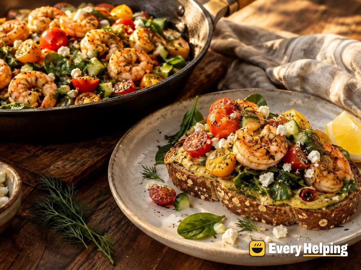 Garlic Shrimp Toasts with Lemony Feta Tomatoes