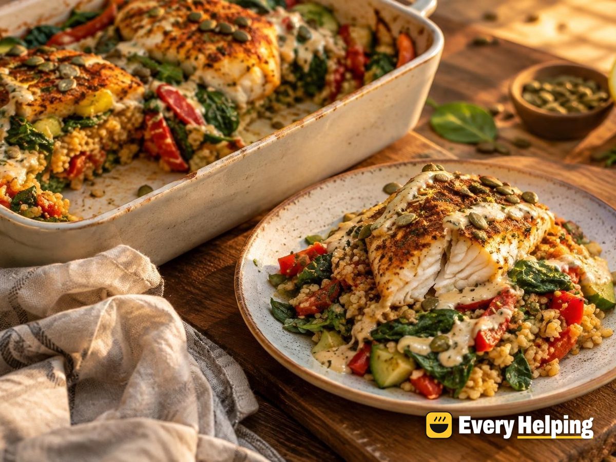 Spiced Cod Bulgur Spinach Salad with Tahini