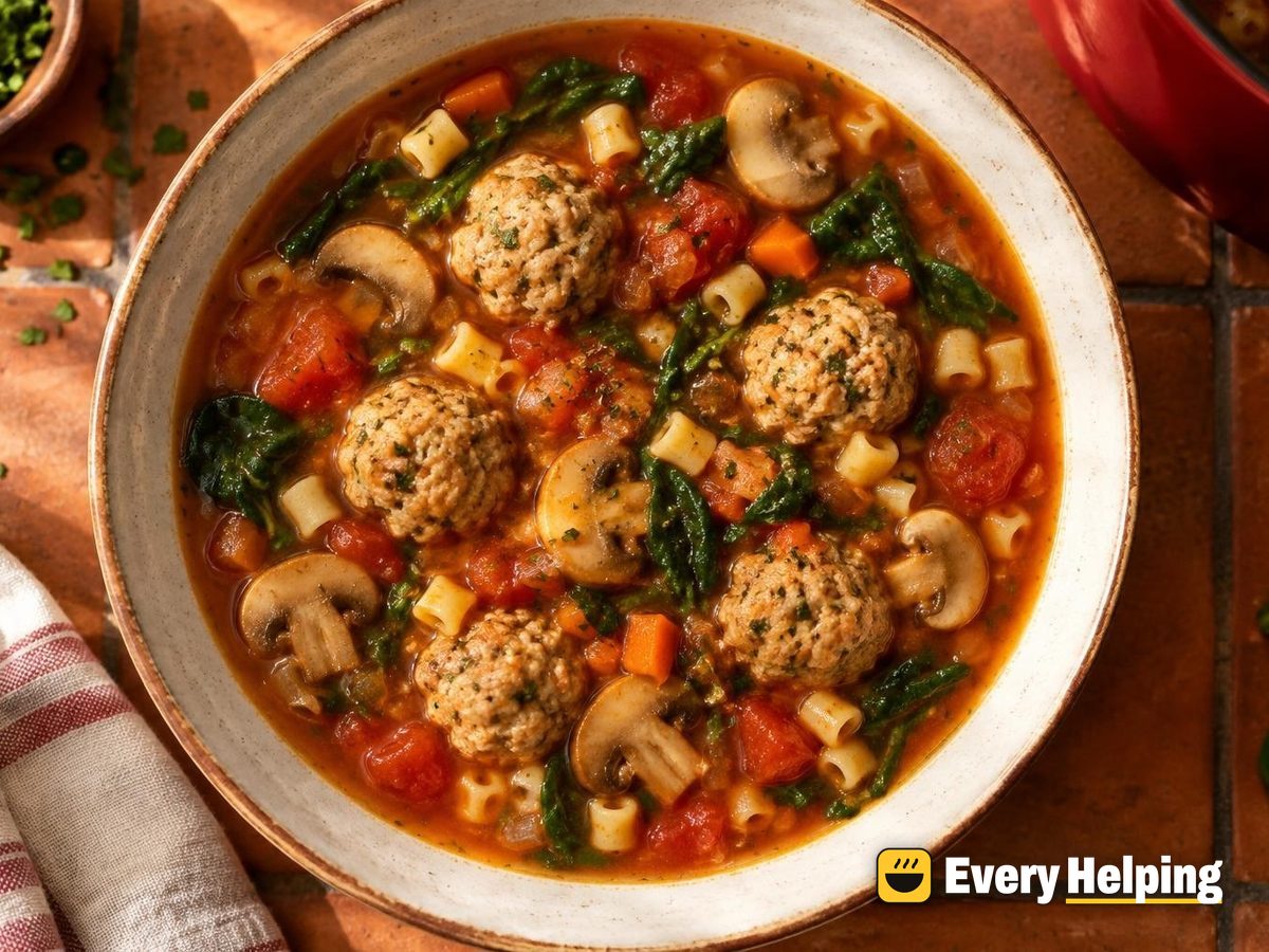 Tuscan Tomato Mushroom Soup with Italian Meatballs