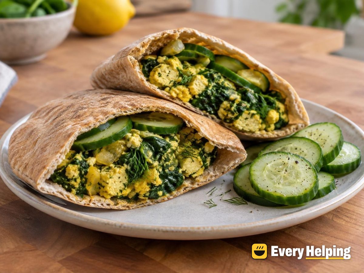 Dill Paneer Crumble Scramble with Spinach Pitas