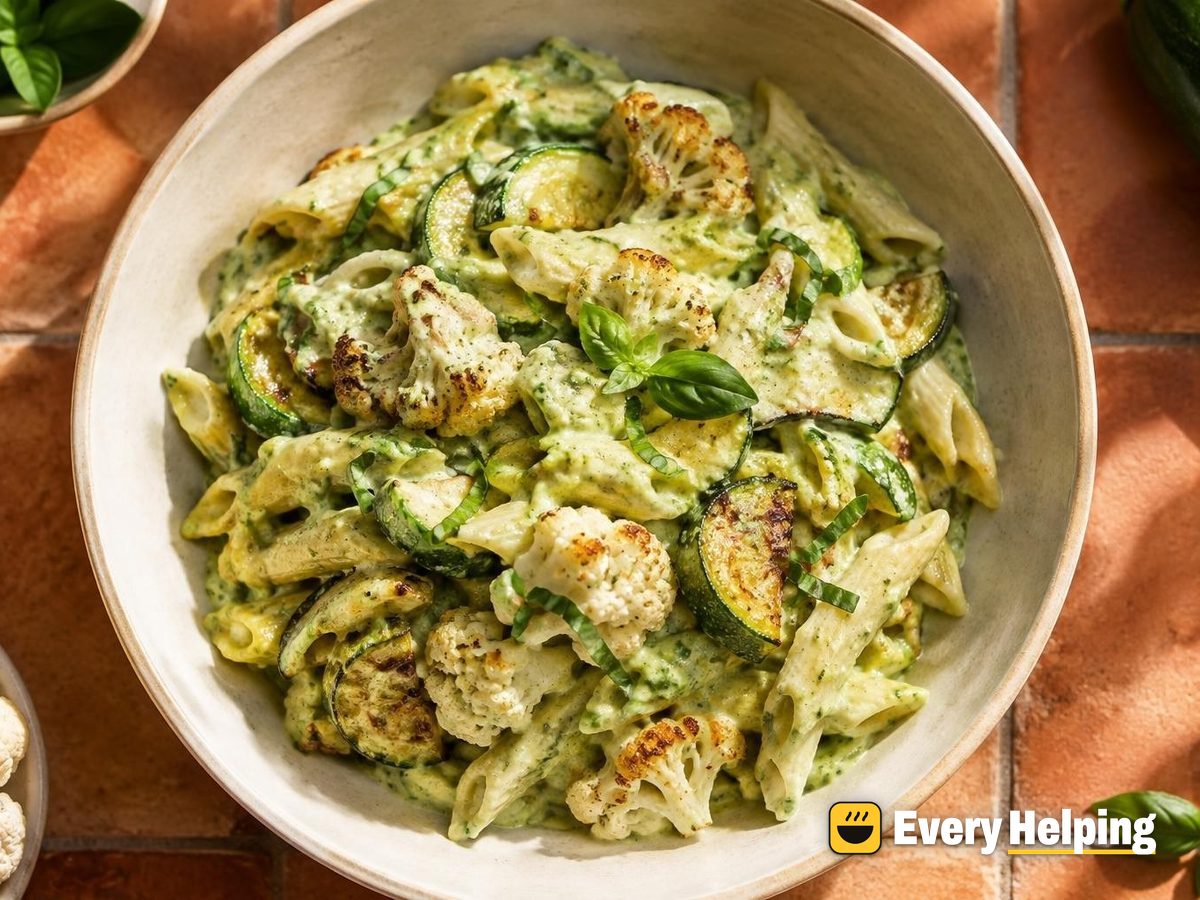 Roasted Zucchini and Cauliflower Basil Cream Sauce