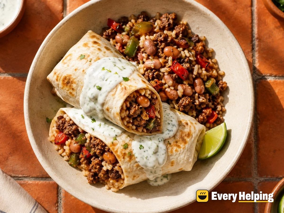 Cumin Beef Burritos with Yogurt Lime Sauce