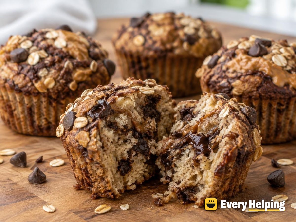 Banana Oat Muffins with Cocoa Peanut Butter Swirl