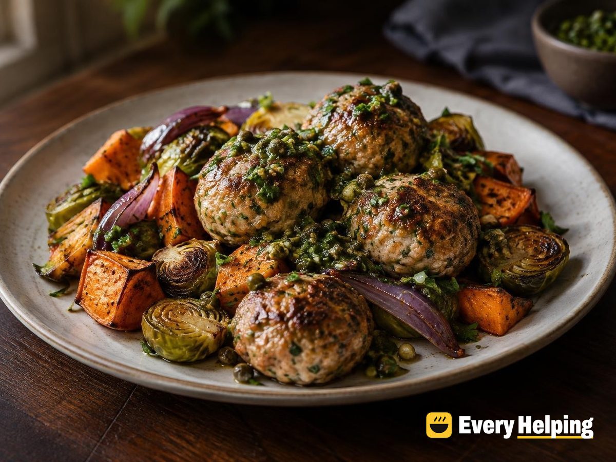 Pork Herb Meatballs with Salsa Verde and Roasted Vegetables
