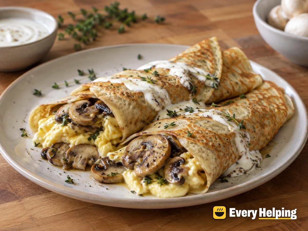 Crêpes with Thyme Mushrooms and Soft Scrambled Eggs