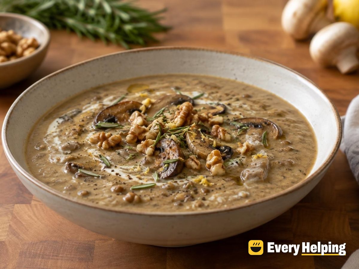 Creamy Mushroom Brown Lentil Soup with Rosemary