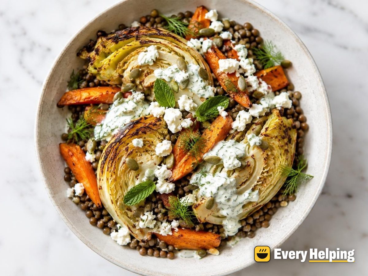 Charred Cabbage Wedges with Feta and Lentils