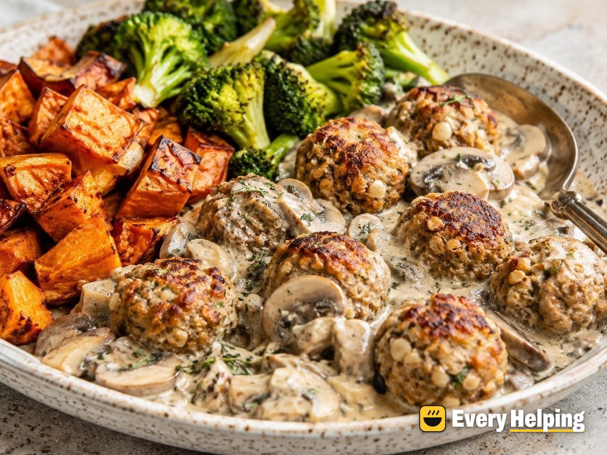White Bean Walnut Balls, Creamy Mushroom Sauce