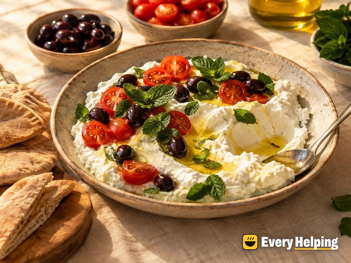 Plain Labneh with Pita, Olives and Mint