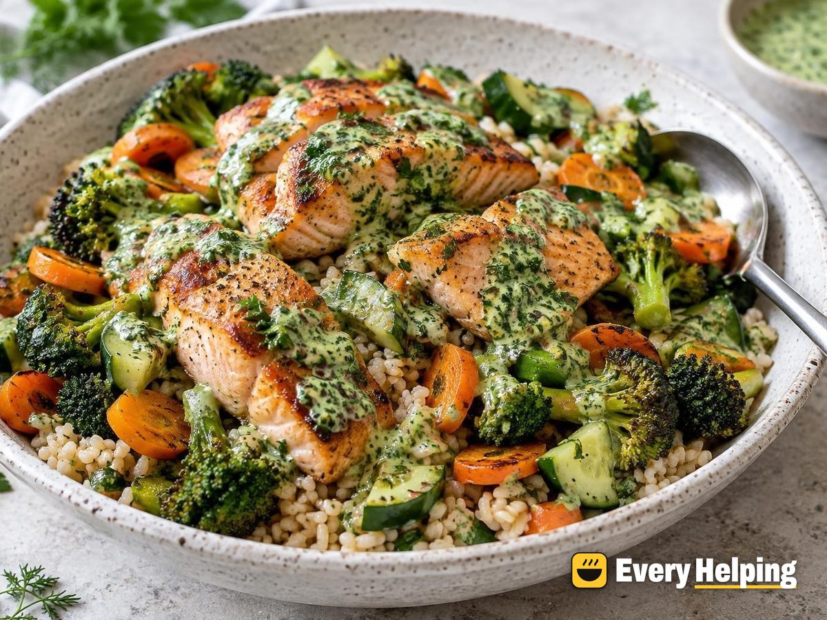 Seared Salmon Brown Rice Bowls with Green Herb Sauce