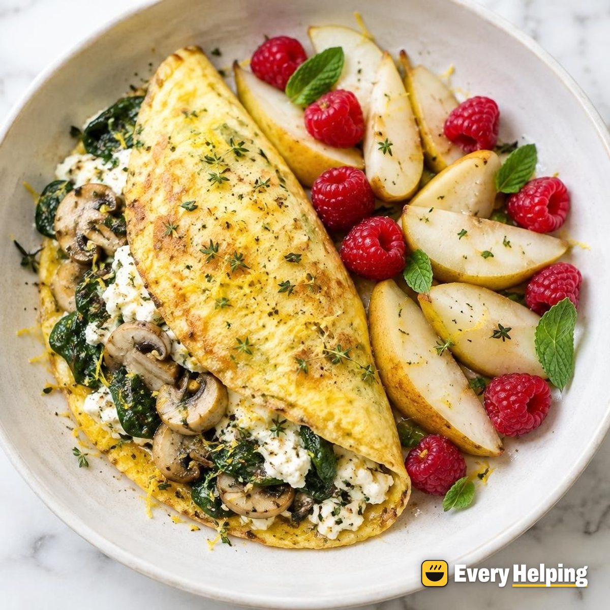 Lemony Ricotta Mushroom-Spinach Omelets with Pears