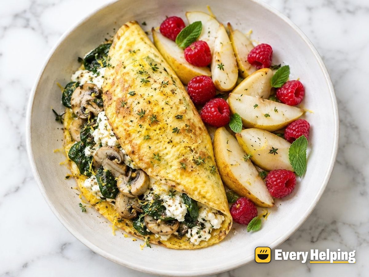 Lemony Ricotta Mushroom-Spinach Omelets with Pears