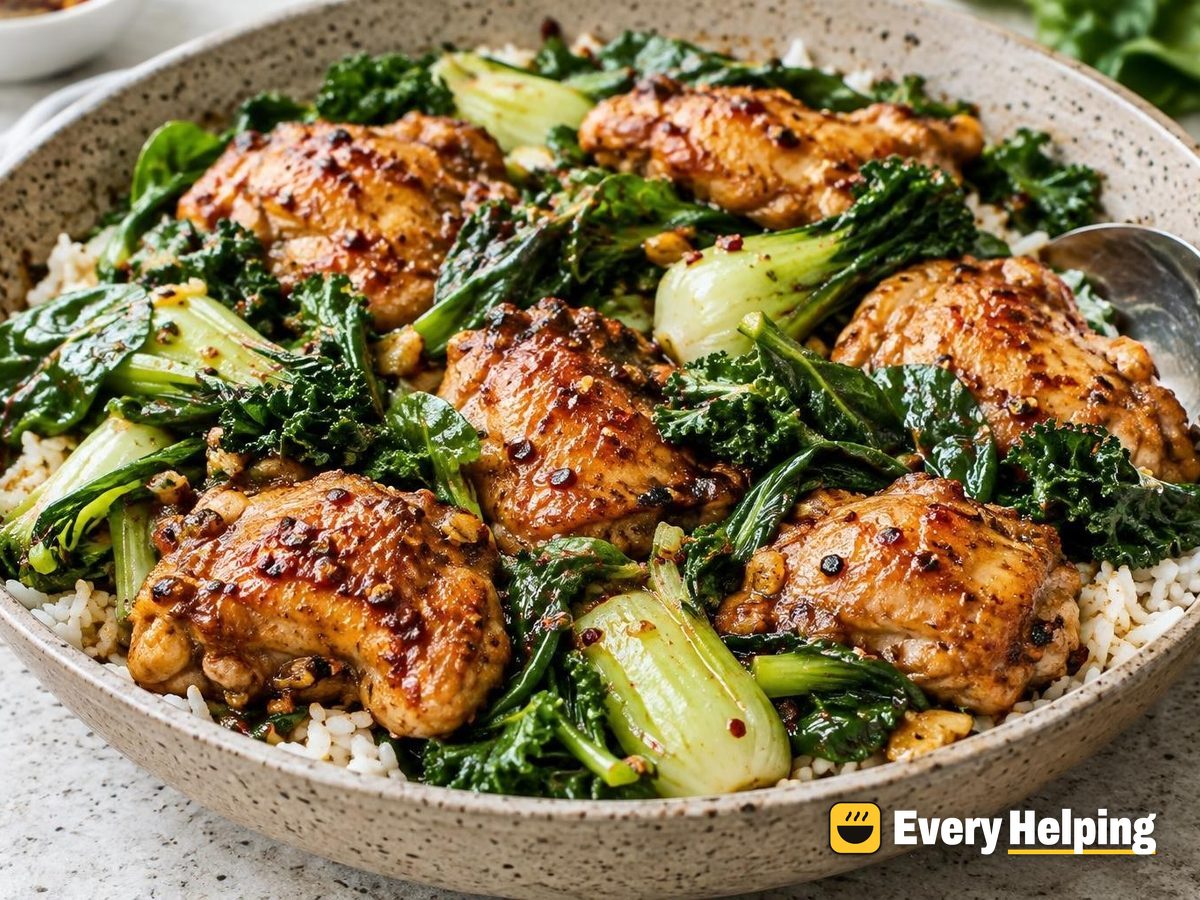 Chili Garlic Chicken Thighs with Bok Choy and Kale