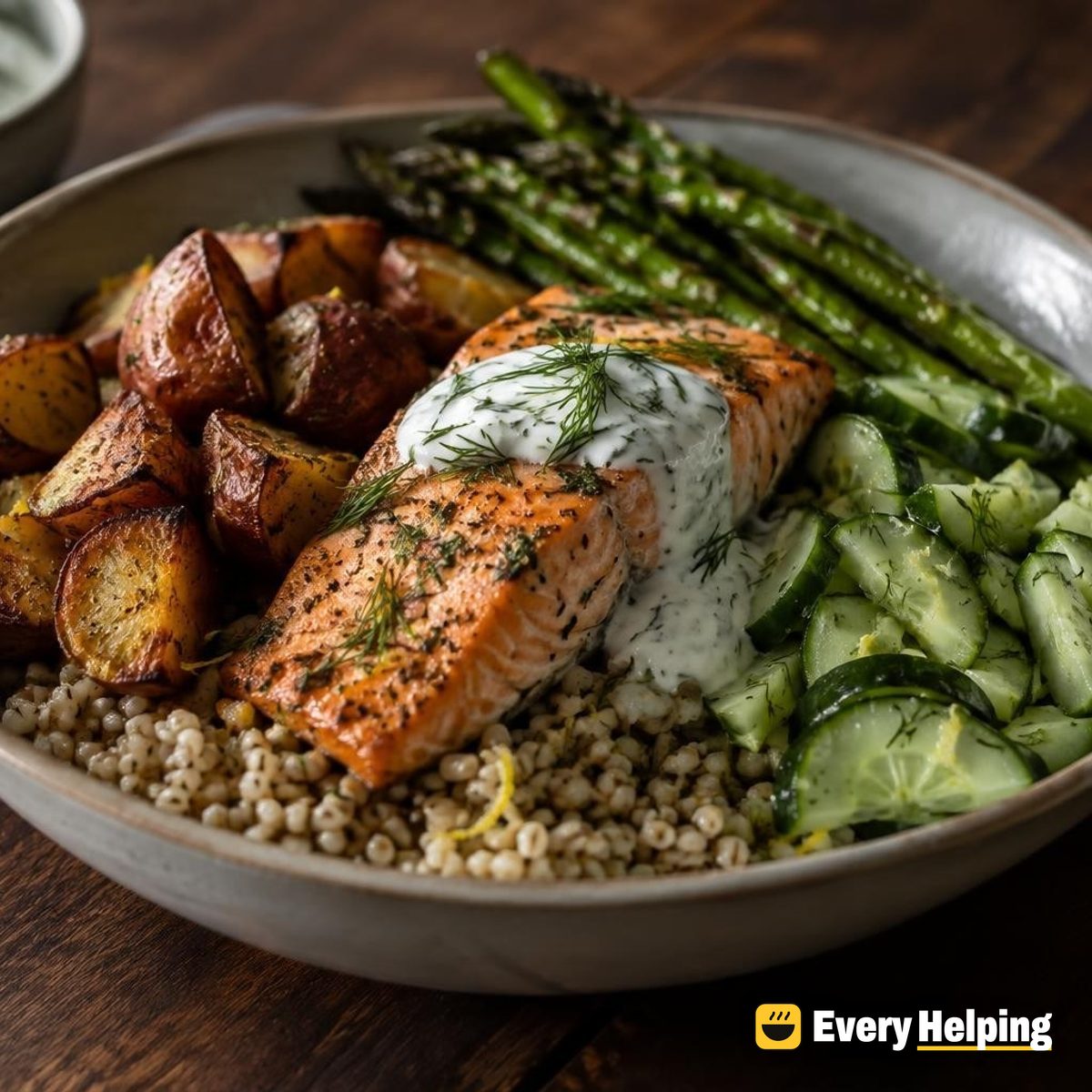 Crispy Potato Salmon Bowls with Dill Sauce
