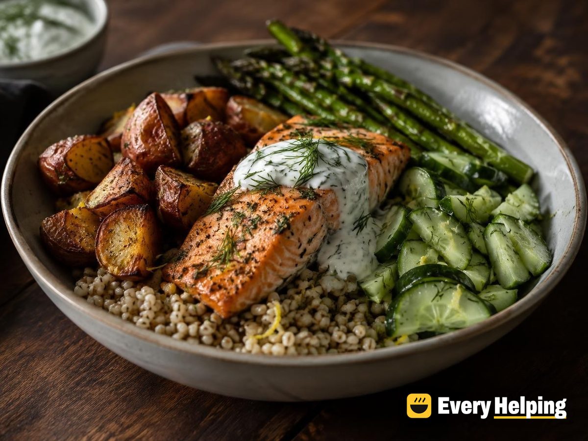 Crispy Potato Salmon Bowls with Dill Sauce