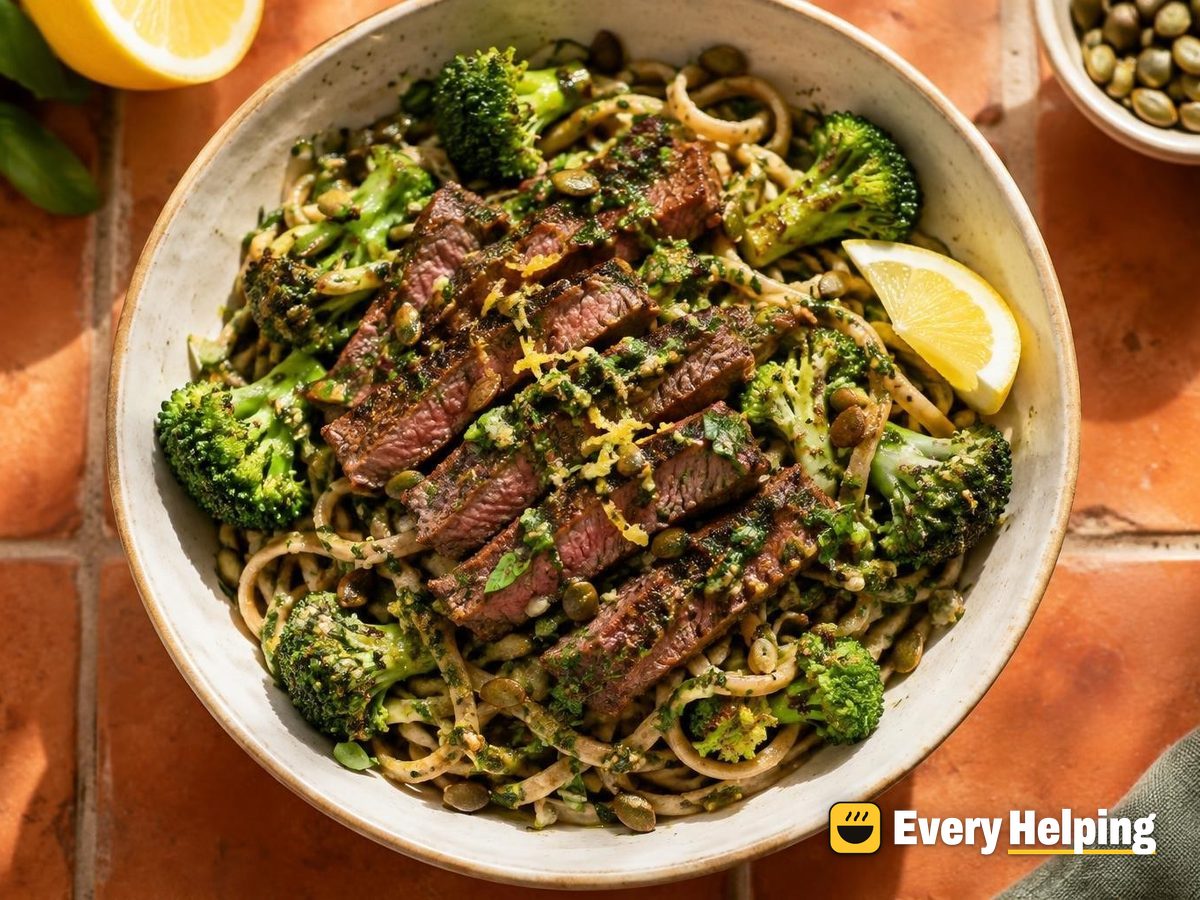 Seared Sirloin Noodle Bowls with Basil-Parsley Sauce