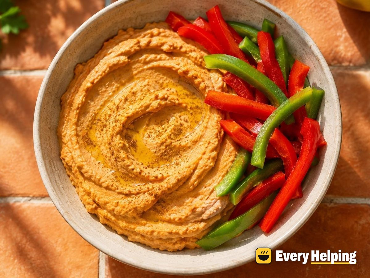 Silky Red Lentil Hummus with Pepper Strips