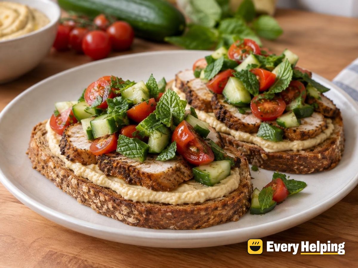 Spiced Pork Tenderloin Hummus Toasts with Cucumber-Mint