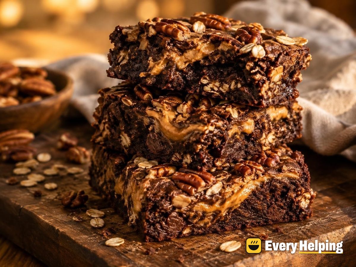 Fudgy Peanut Butter Swirl Pecan Oat Brownies