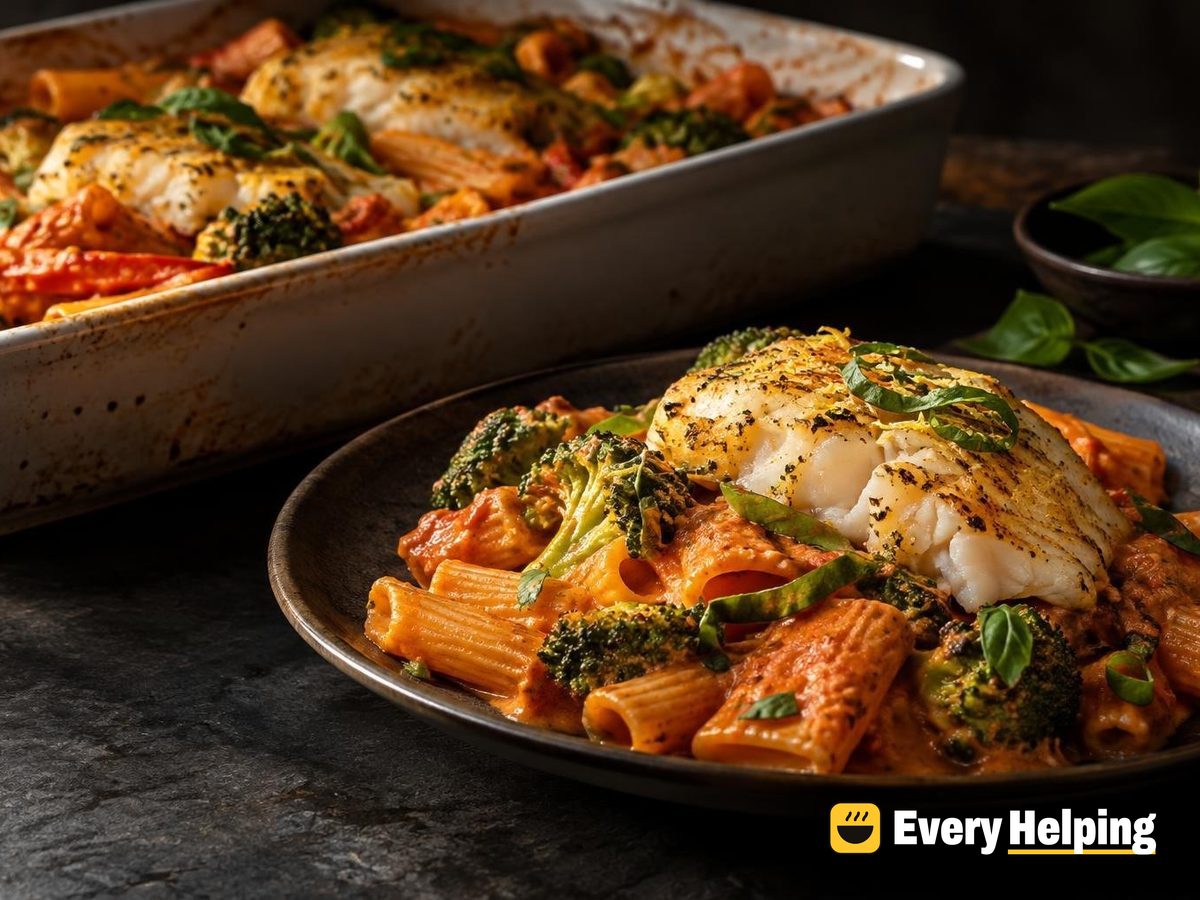 Roasted Red Pepper Rigatoni with Seared Cod