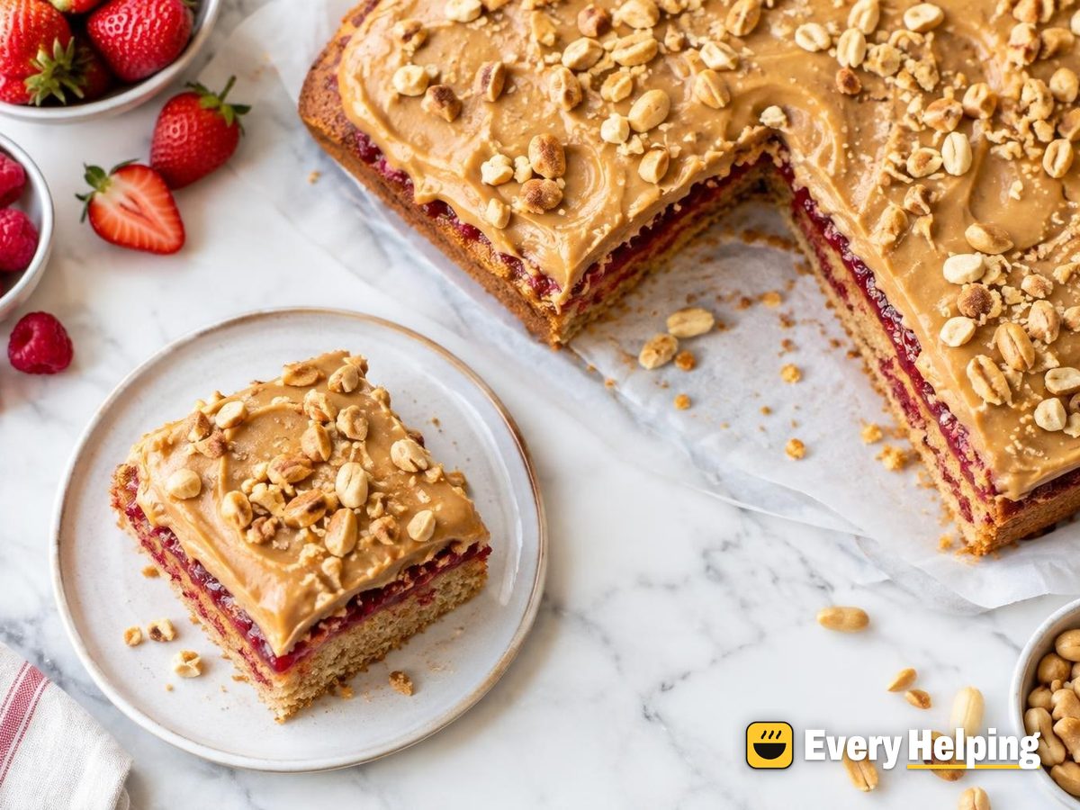 Peanut Butter Sheet Cake with Berry Jam Layer