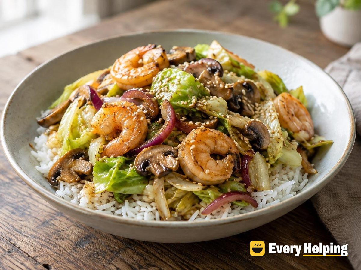 Sesame Shrimp and Cabbage Stir-Fry over Rice