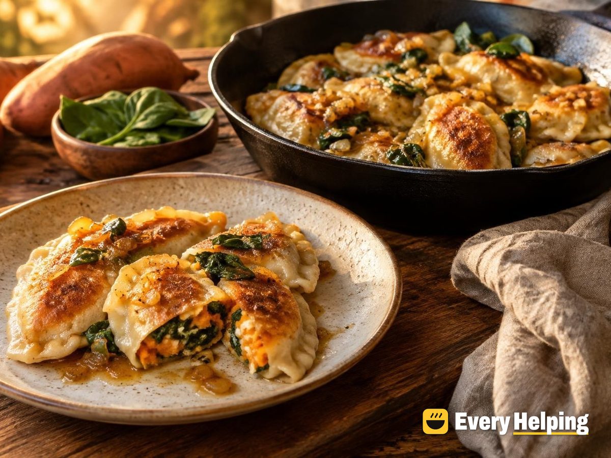 Sweet Potato Spinach Pierogi with Golden Onion Butter