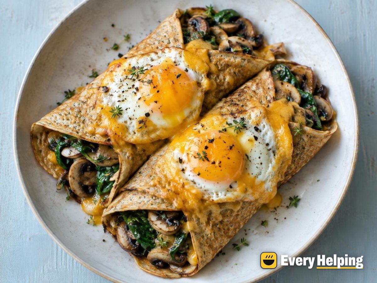 Whole Wheat Crêpes with Mushrooms, Cheddar and Egg